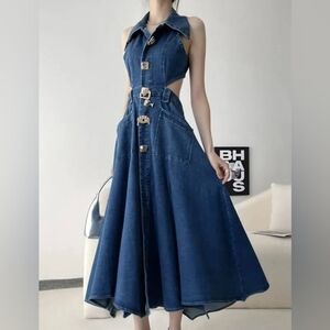 Denim Midi Dress with Button Details